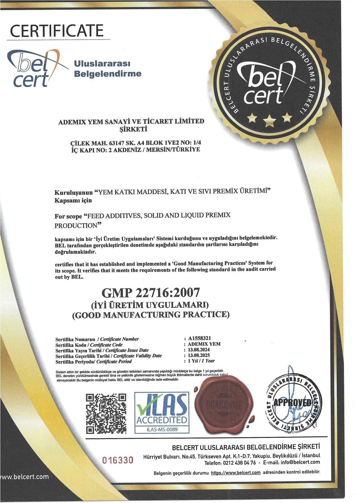 GMP 22716:2007 certificate — Belcert