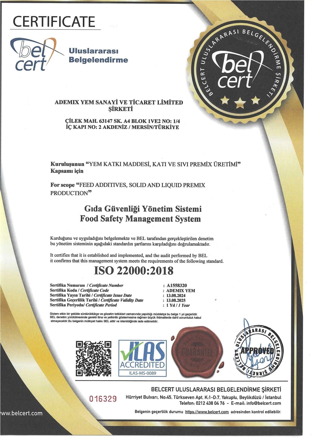 ISO 22000:2018 certificate — Belcert