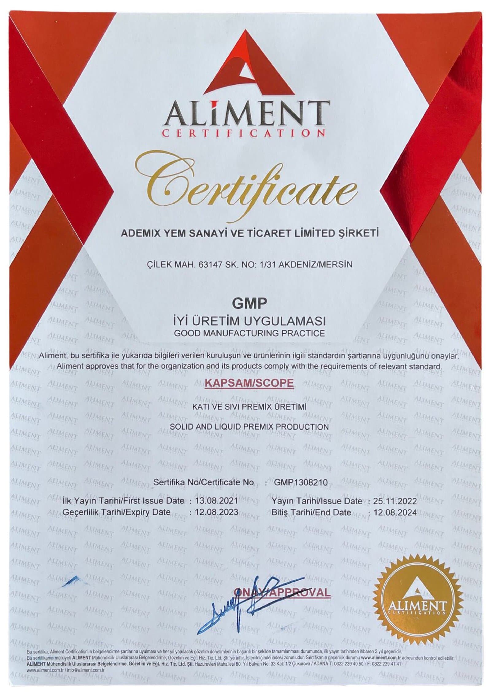 GMP certificate — Aliment Certification