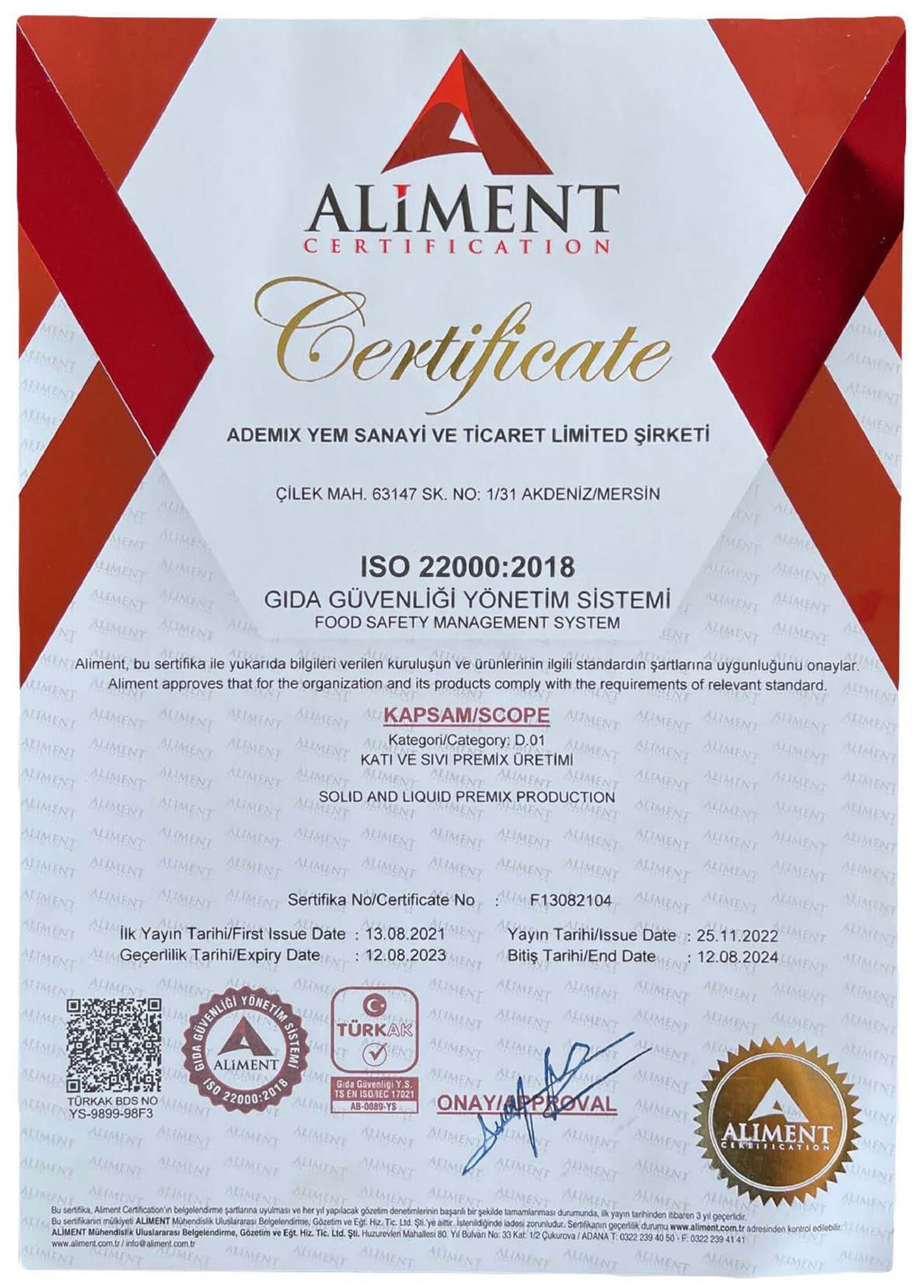 ISO 22000:2018 certificate — Aliment Certification