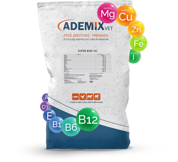 A bag of ADEMIXVET "SUPER BEEF-SC" feed, highlighting the essential vitamins and minerals it contains.