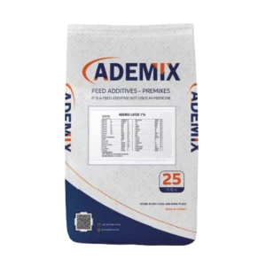 ADEMIX LAYER 1% 25 kg bag, a vitamin/mineral premix to boost production and quality of poultry laying eggs.