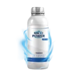 MAXI POWER liquid bottle (1000 ml) with blue energy glow, an instant energy supplement for livestock performance.