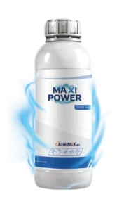 MAXI POWER liquid bottle (1000 ml) with blue energy glow, an instant energy supplement for livestock performance.