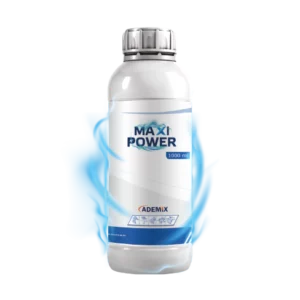 MAXI POWER liquid bottle (1000 ml) with blue energy glow, an instant energy supplement for livestock performance.