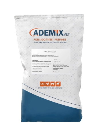 ORGANO RUMEN feed additive bag by ADEMIX, 25 kg, for improving ruminant performance.