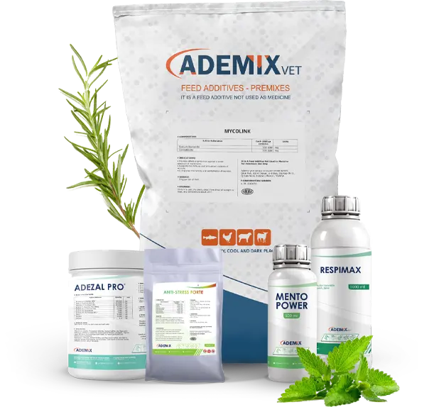 ADEMIXVET diverse product range: MYCOLINK premix, RESPIMAX liquid, and ANTI-STRESS supplement