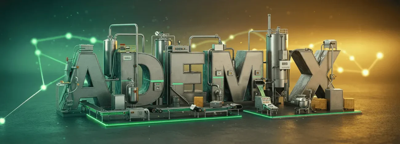 A 3D illustration of the ADEMIX logo as a factory, highlighting various production stages.