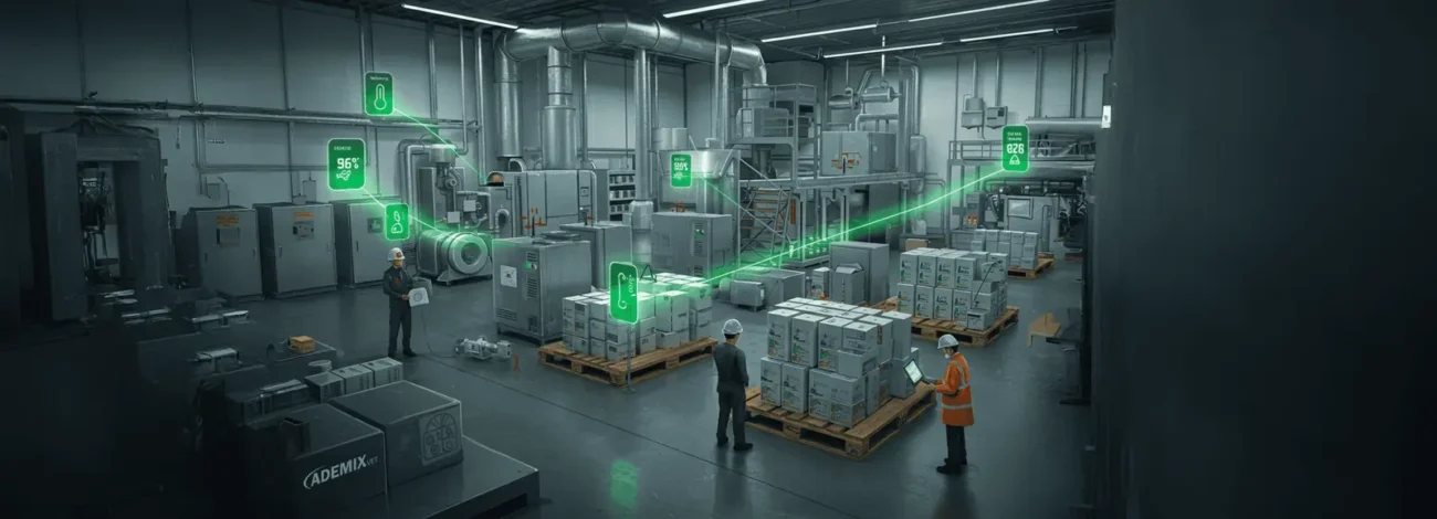 An image of a factory interior showing a smart system for monitoring temperature and humidity to ensure product quality.