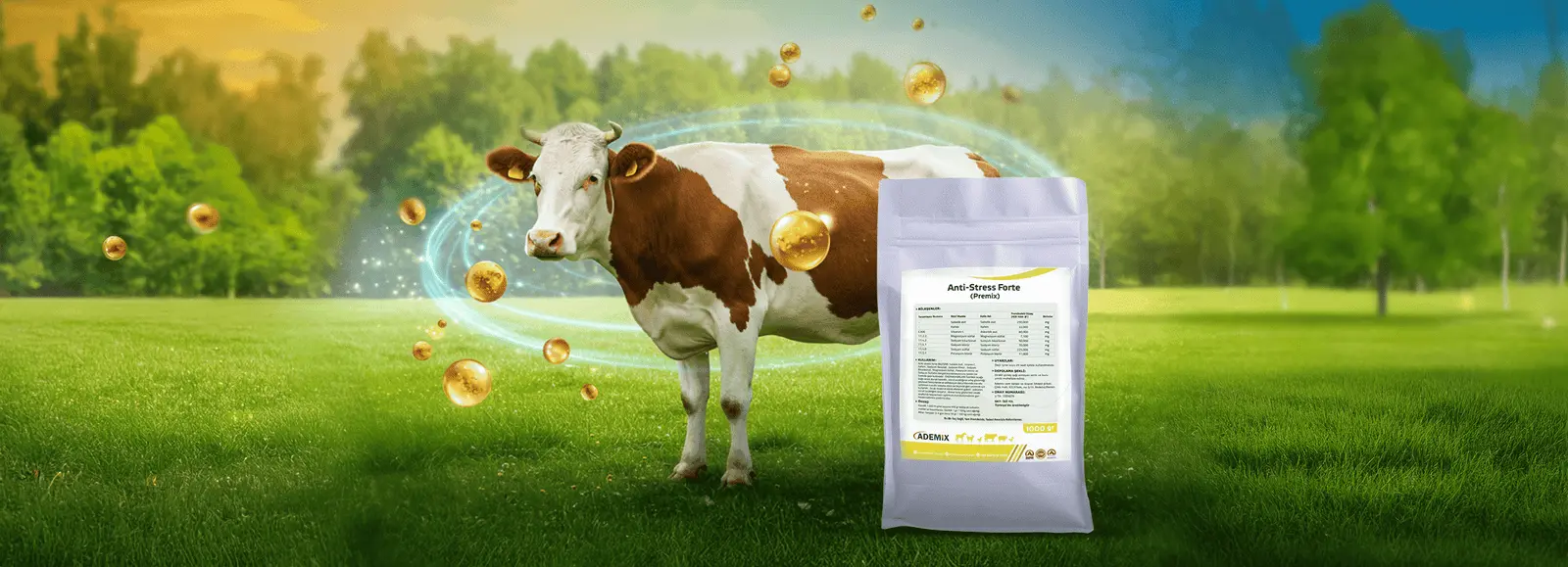 An image of the 'anti-stress forte' product for cows, showing a cow in a green field surrounded by glowing energy bubbles.