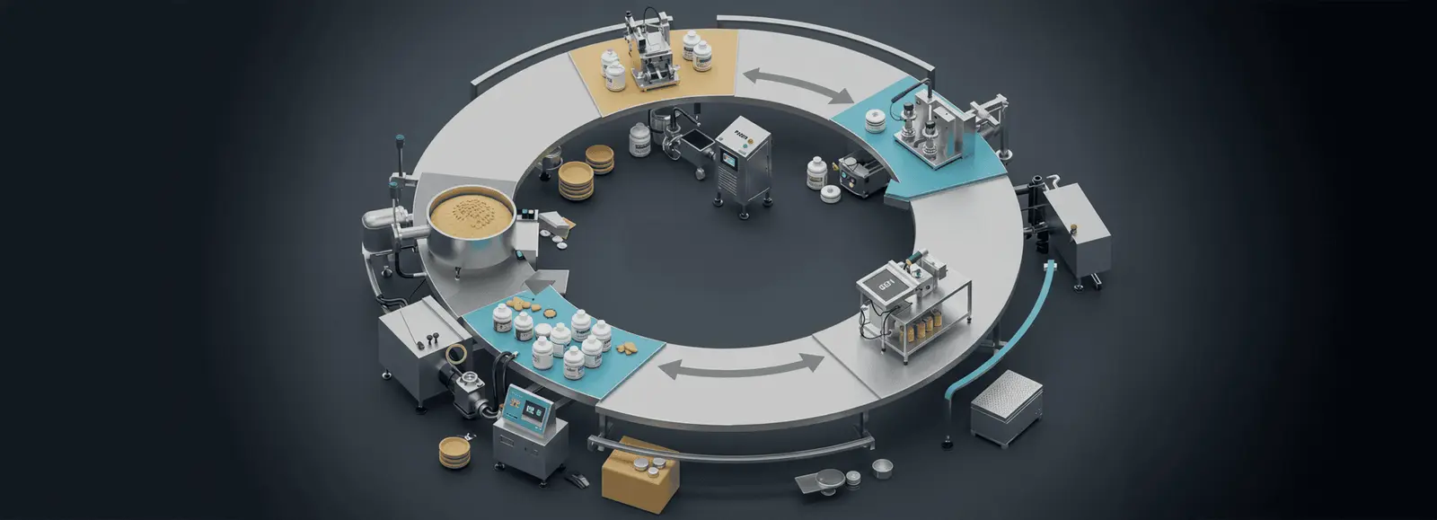 An illustration of a circular manufacturing process with periodic sampling for quality control.