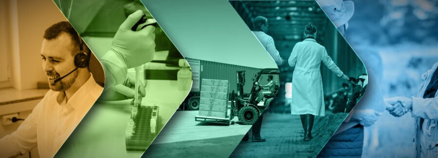 Composite image illustrating the company's comprehensive process, from research and development to logistics, customer support, and direct partnerships.