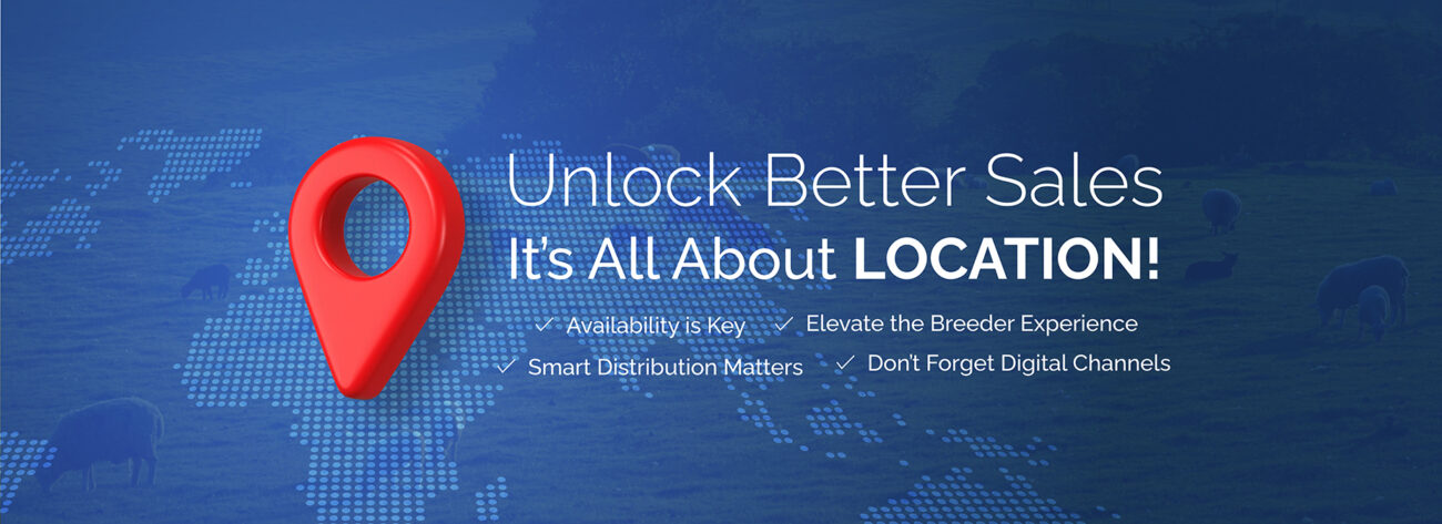 Blue background with a world map and red location pin, featuring the headline "It's All About LOCATION!" for sales