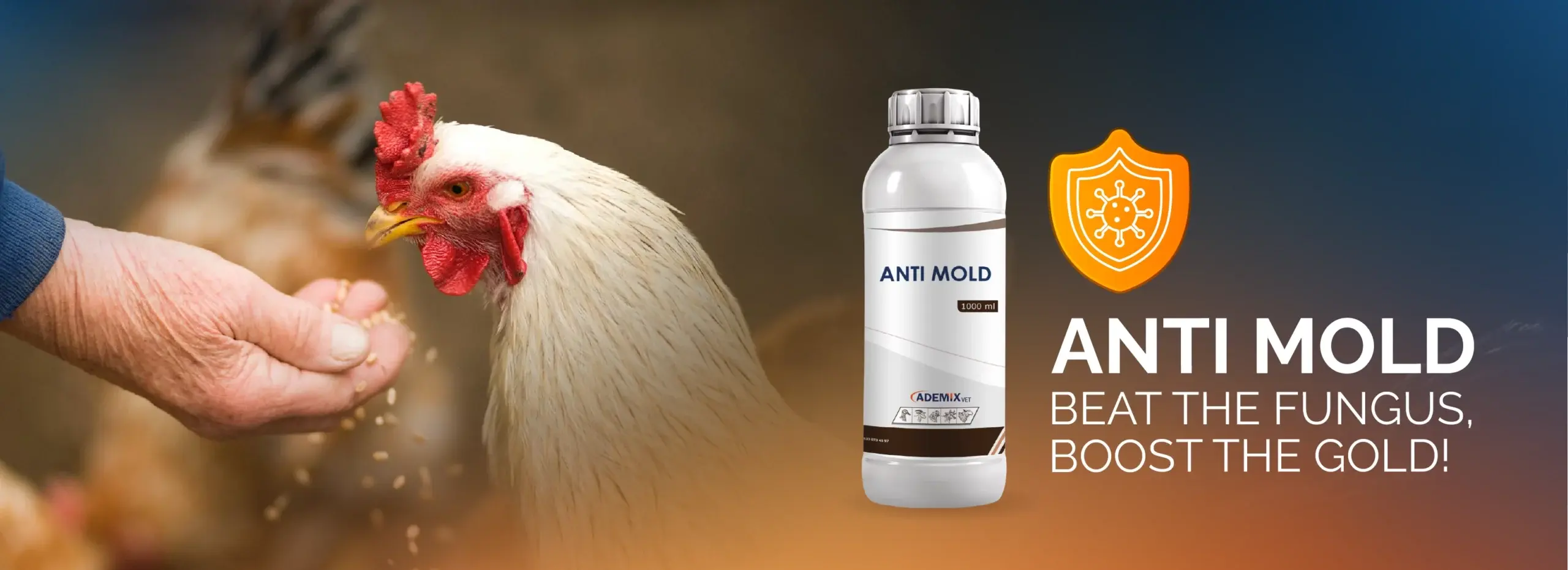 ANTI MOLD liquid supplement bottle next to a white hen being fed by hand, with a protective orange shield icon.