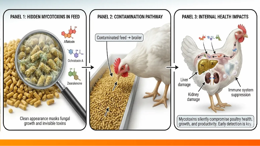 Infographic showing the cycle of poultry mycotoxin contamination from feed to internal organ damage.