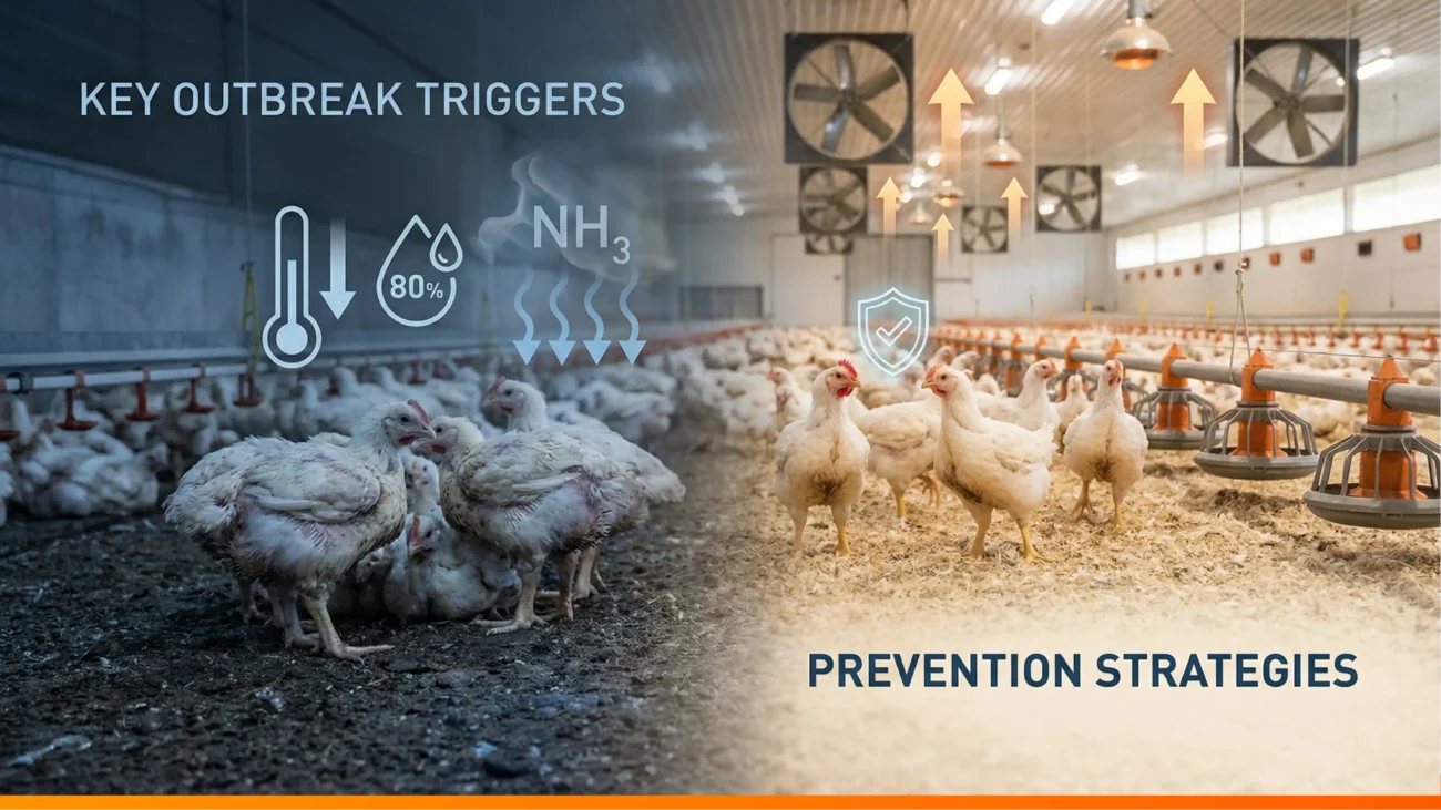 Infographic of poultry respiratory outbreak triggers: Ammonia, humidity, and temperature.