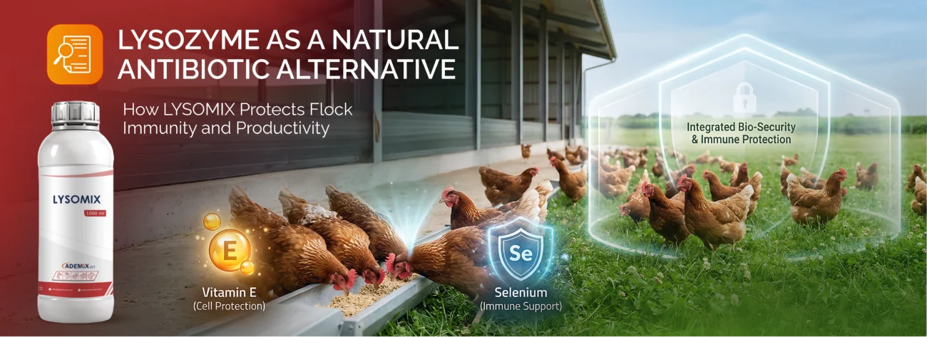 LYSOMIX bottle next to a chicken flock protected by a biosecurity shield with Vitamin E and Selenium icons.
