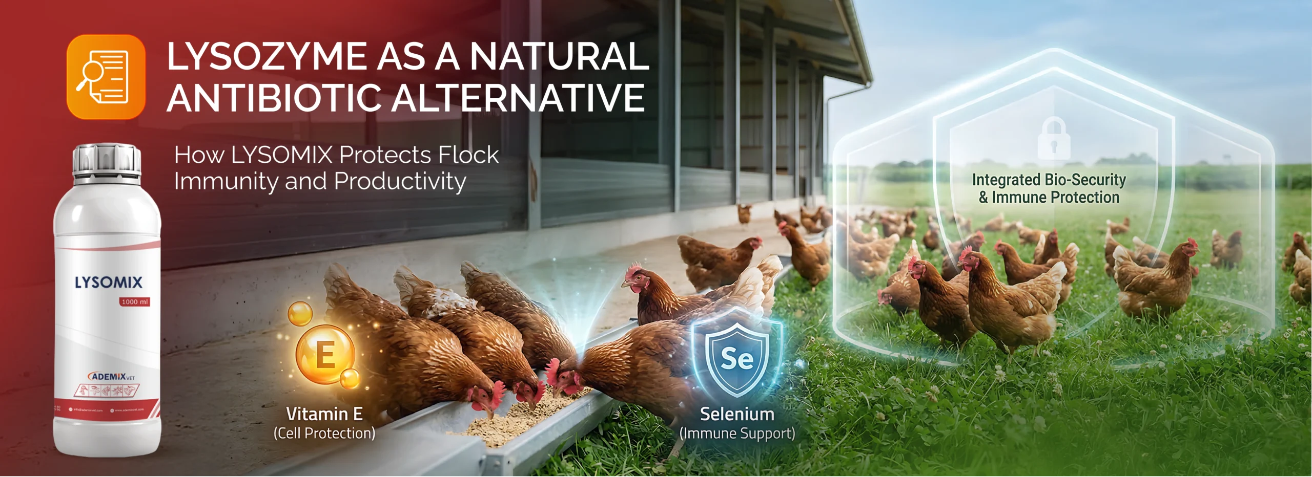 LYSOMIX bottle next to a chicken flock protected by a biosecurity shield with Vitamin E and Selenium icons.