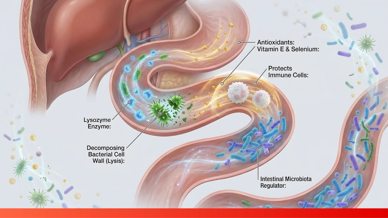Medical diagram showing Lysozyme enzyme decomposing bacterial cell walls within poultry intestines and regulating intestinal microbiota.
