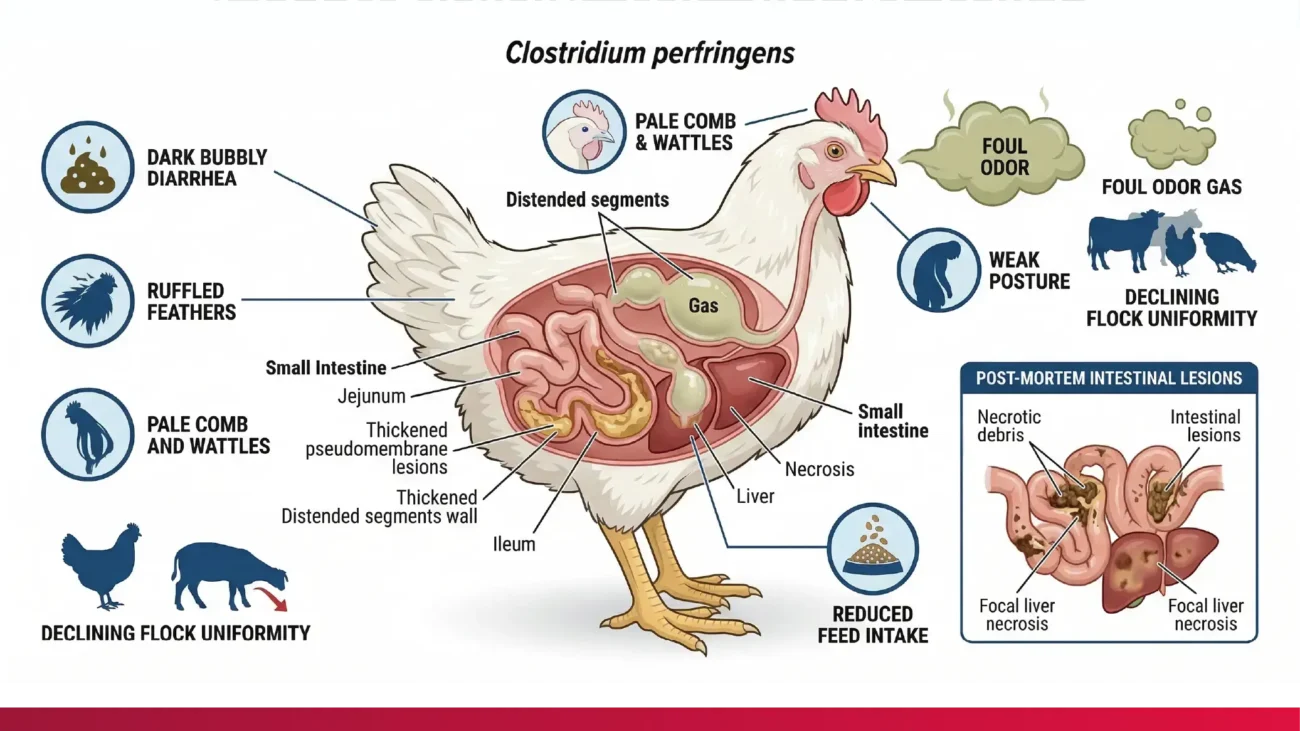 Infographic showing Clostridium symptoms and necrotic enteritis lesions in poultry.