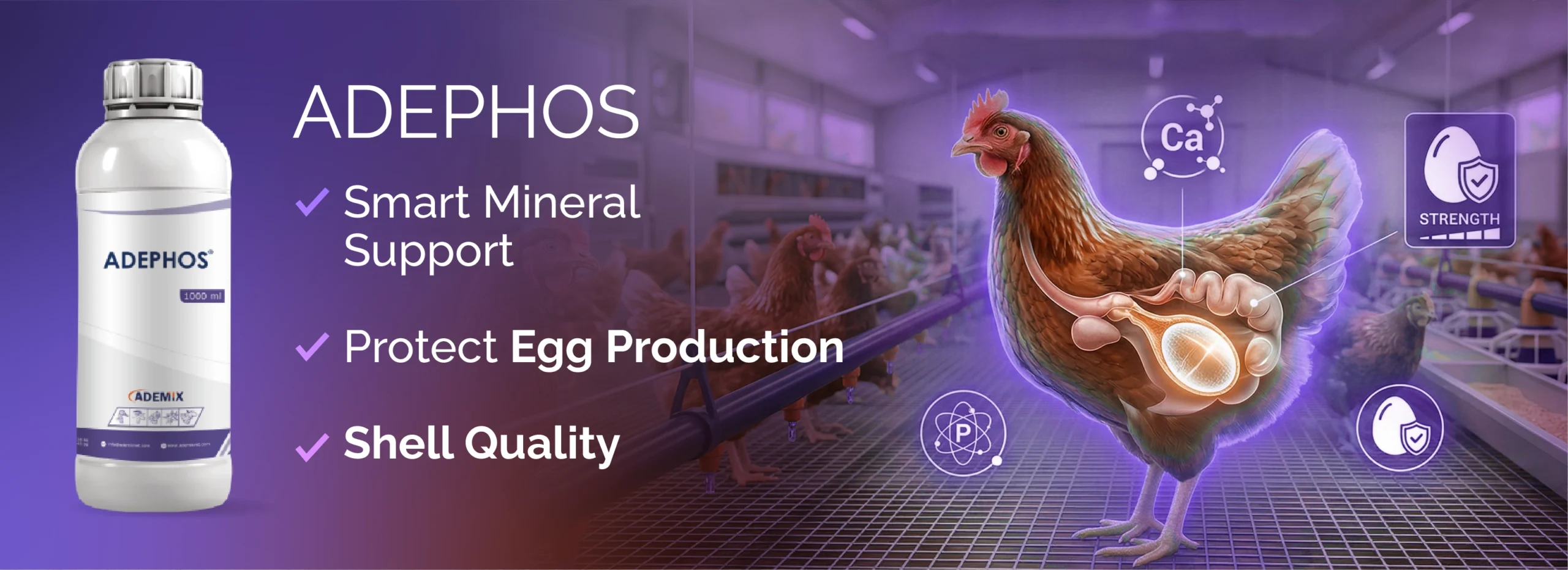 ADEPHOS liquid mineral supplement for poultry eggshell quality.