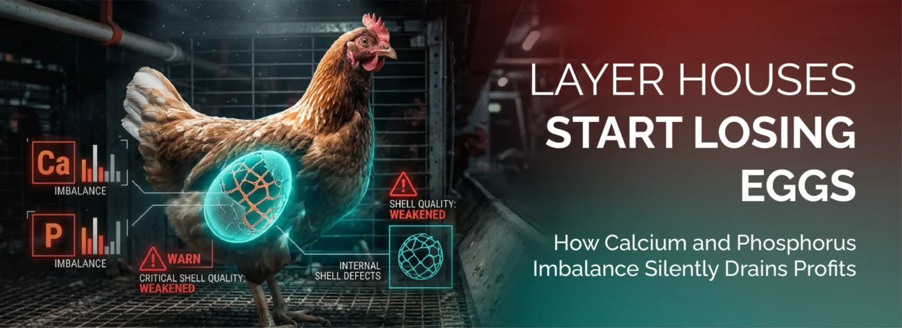 Layer hen in a poultry house with graphic overlays showing calcium and phosphorus imbalance affecting eggshell quality and profits.