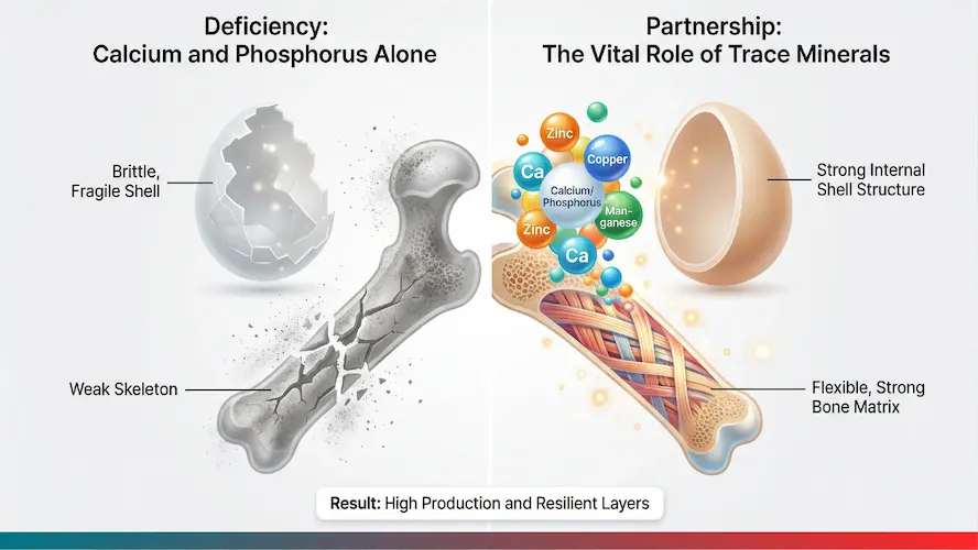 Comparative diagram showing brittle eggshells and weak bones due to calcium deficiency versus strong structures with trace mineral partnership.