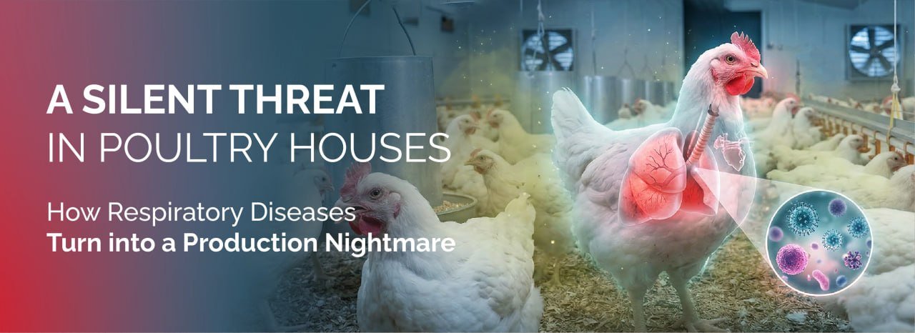 Illustration of poultry respiratory system under attack by viral and bacterial pathogens in intensive housing.