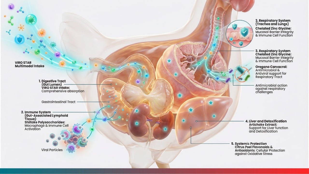  Anatomical diagram of a chicken showing how VIRO STAR protects the digestive tract, immune system, respiratory system, and liver.