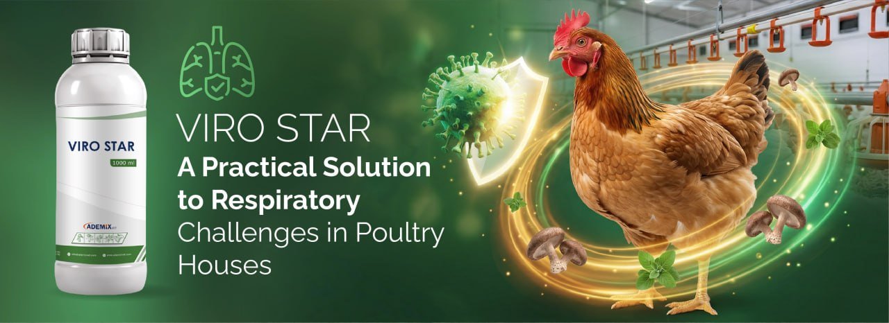 VIRO STAR poultry supplement bottle with a healthy chicken and respiratory protection shield icon.