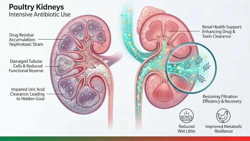  Infographic showing the effect of intensive antibiotic use on poultry kidneys and the process of renal health recovery.