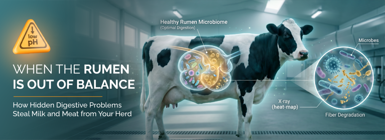 A dairy cow with a highlighted view of the rumen microbiota and fiber degradation, showing the impact of low pH and acidosis.