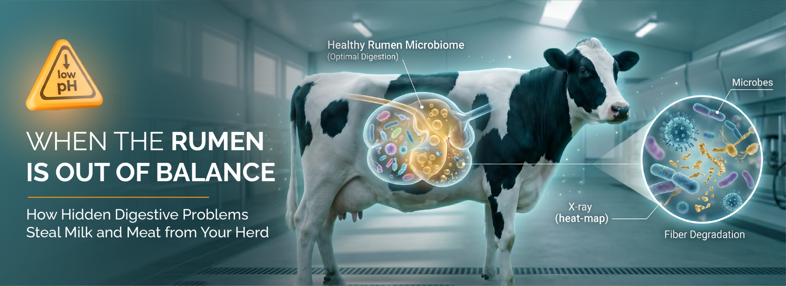 A dairy cow with a highlighted view of the rumen microbiota and fiber degradation, showing the impact of low pH and acidosis.