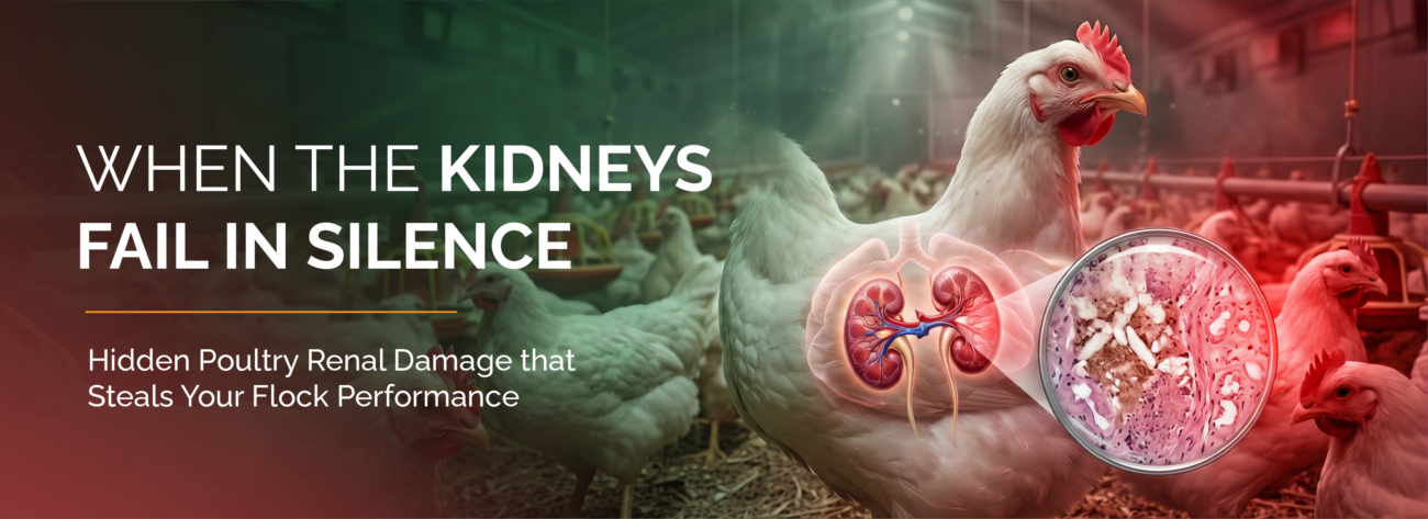 A chicken in a farm with a highlighted view of damaged kidneys due to silent renal failure and visceral gout.