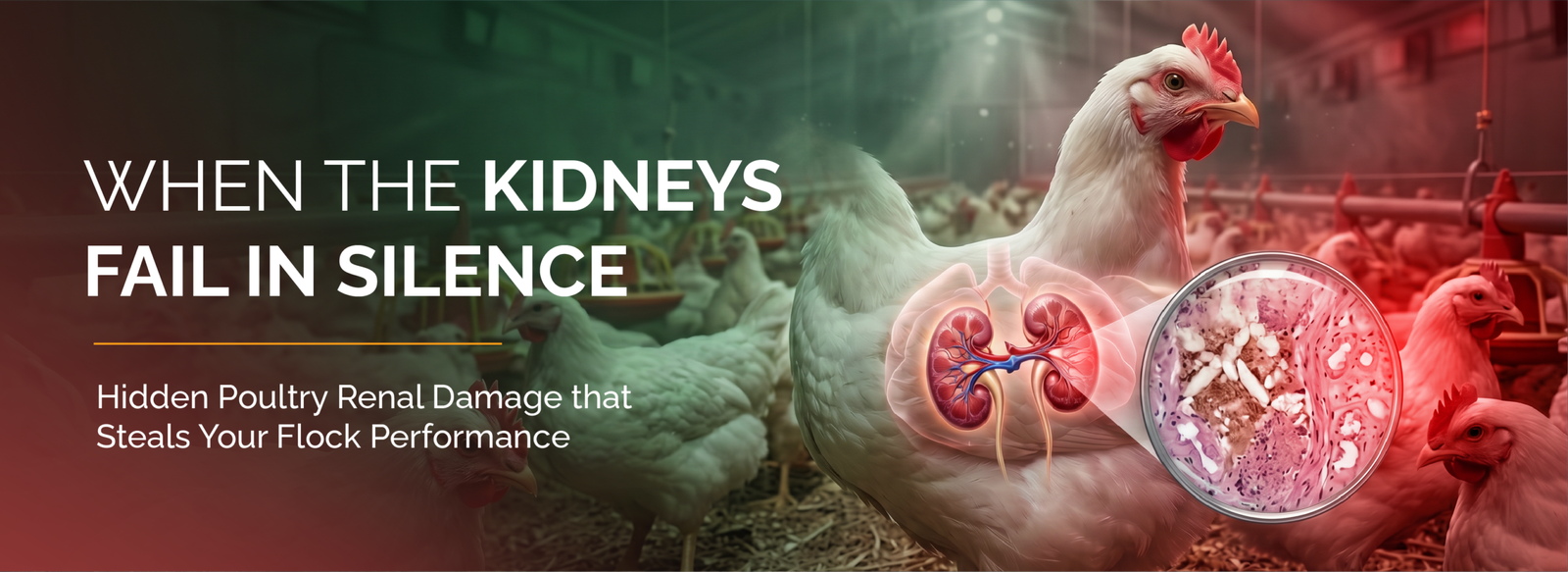 A chicken in a farm with a highlighted view of damaged kidneys due to silent renal failure and visceral gout.