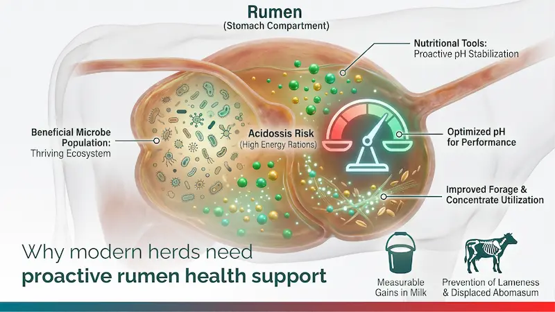  Infographic explaining rumen health support, showing pH stabilization, microbial population, and improved forage utilization.
